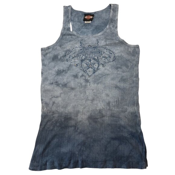 Harley-Davidson Womens Blue Tie-Dye Tank Top L With Rhinestone Logo - Picture 1 of 7